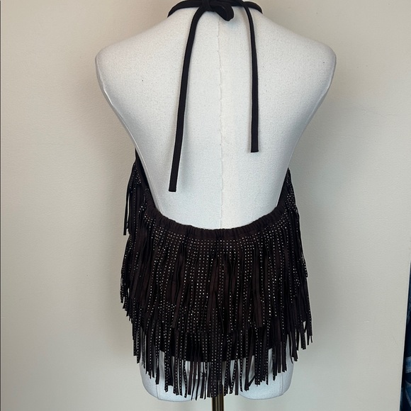 ZARA Dark Brown shimmer faux suede fringe top size large - Picture 9 of 9